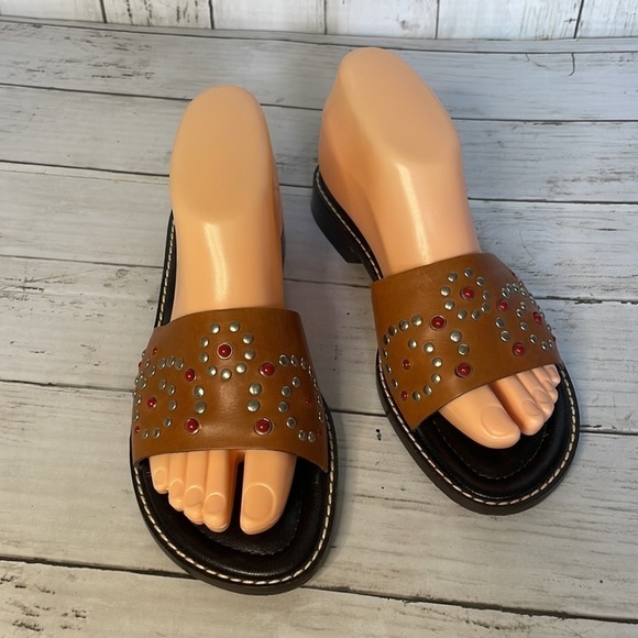 Donald J Pliner Tobacco Leather Studded Slide Sandal - Picture 10 of 11
